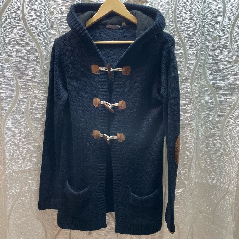 Dex Hooded Toggle Knit Cardigan Mens Large Navy Blue‎ Elbow Patches Good